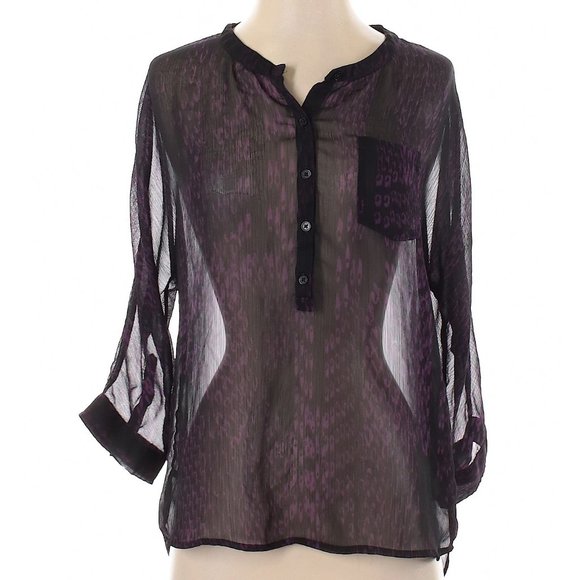 Express Tops - Express Sheer Long Sleeve Blouse in Black/Purple Size XS